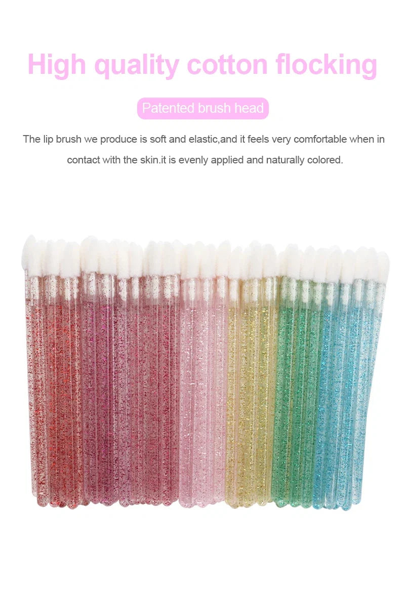 50Pcs/Lot Bling Lip Brush Eyelash Extensions Disposable Flocked Soft Hair Crystal Rod Cleaning Cotton Swab Lipstick Brush Makeup